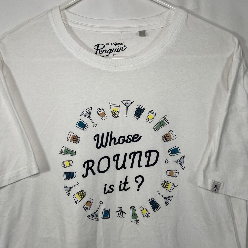 Original Penguin Graphic T Shirt Men Medium White “Who’s Round Is It?” Cocktails